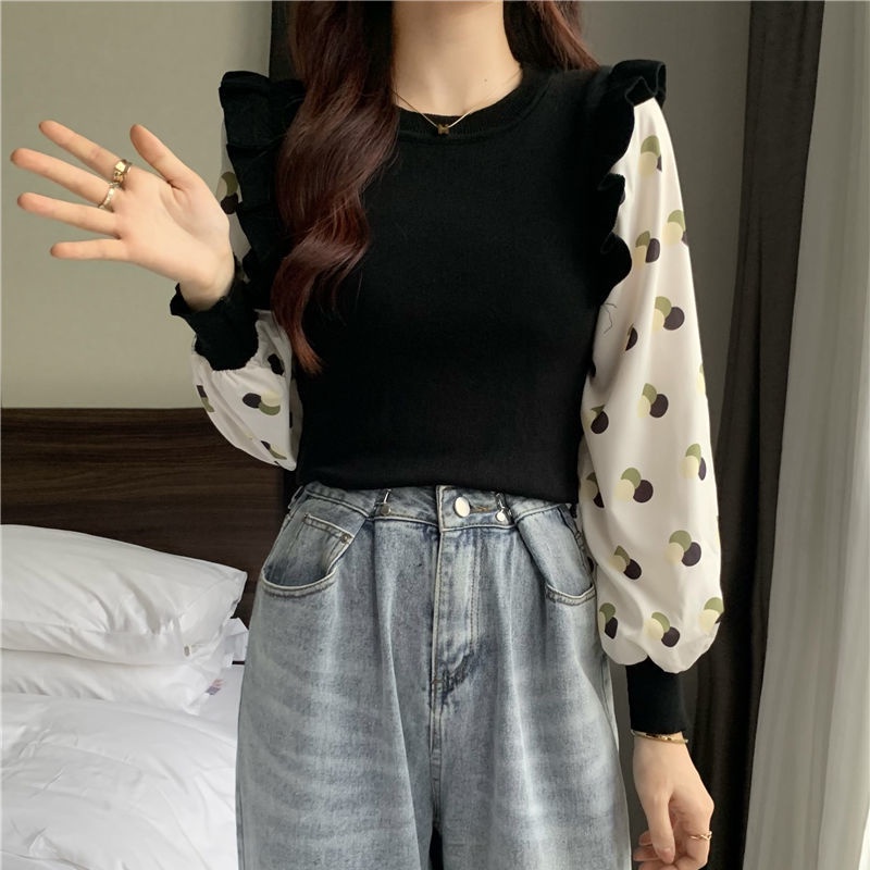 Áo dệt kim tay dài cổ tròn chui đầu viền xoăn dạng ghép nối họa tiết chấm bi thời trang mùa thu cá tính