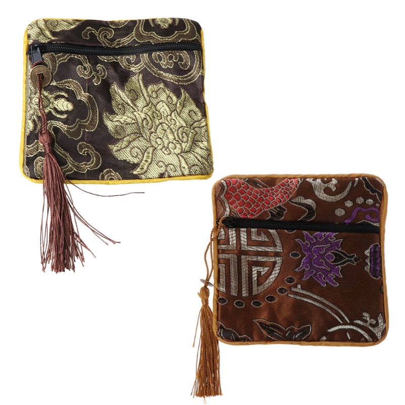 Túi Đựng Trang Sức Bằng Lụa Thêu Họa Tiết Phối Tua Rua Truyền Thống