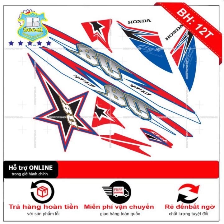 ( Quí khách vui lòng mang ra tiệm cho thợ dán ) Tem Click 110 ngôi sao trắng xanh