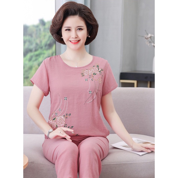 Bộ Đũi Trung Niên  Thêu Hoa  Quần Dài Ống Rộng - Bộ Mặc Ở Nhà Cho Bà, cho mẹ sang trọng- Size: 40-70Kg