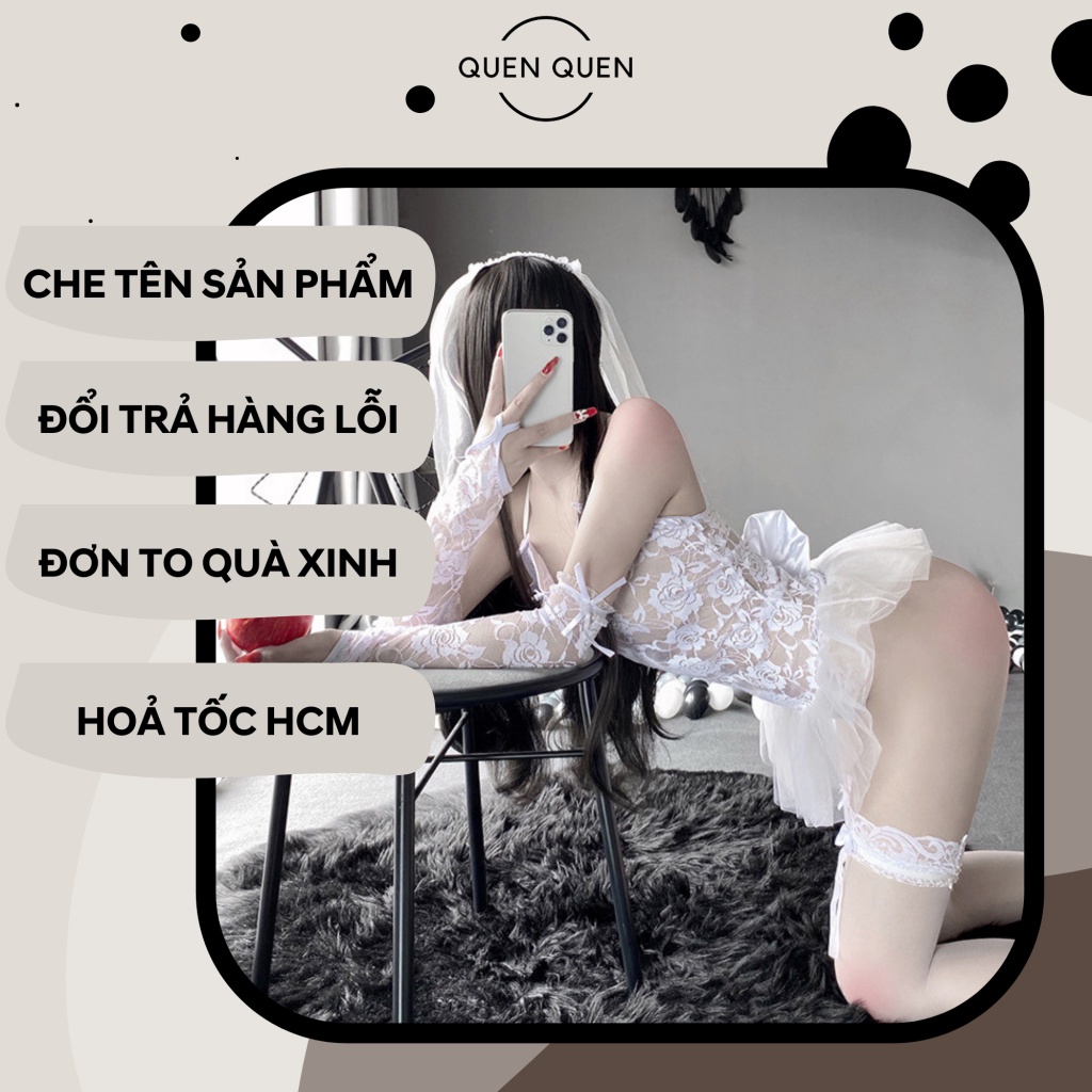 Đồ ngủ sexy đồ ngủ nữ cosplay cô dâu 2 sexy ren lưới hoa văn màu trắng freesize QUENQUEN store a2