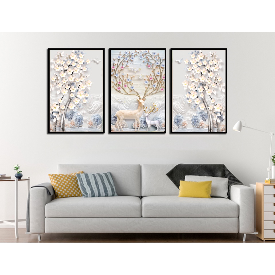 Tranh canvas treo tường nhiều mẫu hoa lá tre phòng khách, phòng ngủ, combo 3 bức tặng kèm đinh treo