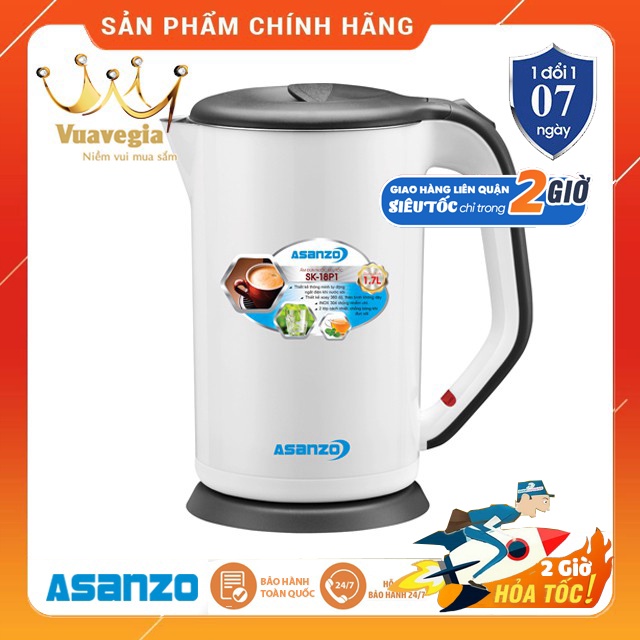 Ấm Đun Siêu Tốc 2 lớp cao cấp Asanzo SK-18P1 - 1.7L Trắng