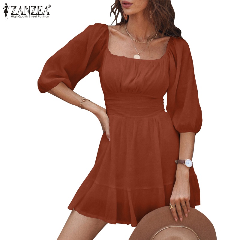 Đầm mini ZANZEA cổ vuông tay phồng 3/4 phong cách cổ điển thời trang dành cho bạn nữ