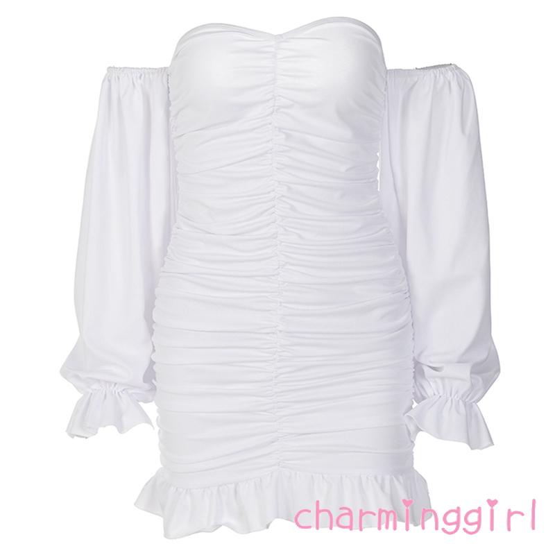 Đầm Ôm Trễ Vai Tay Dài Phồng Màu Trơn Thời Trang Cho Nữ