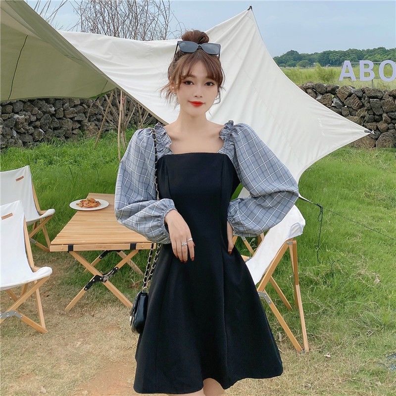 Đầm IELGY cổ vuông tay dài họa tiết kẻ caro mỏng ngọt ngào