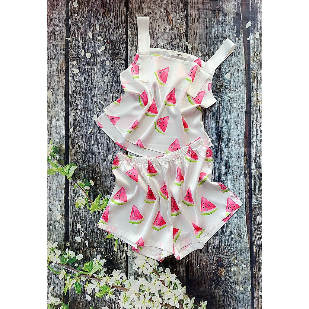 Bộ ngủ lụa đùi áo 2 dây hoạ tiết hình mèo, dưa hấu cao cấp