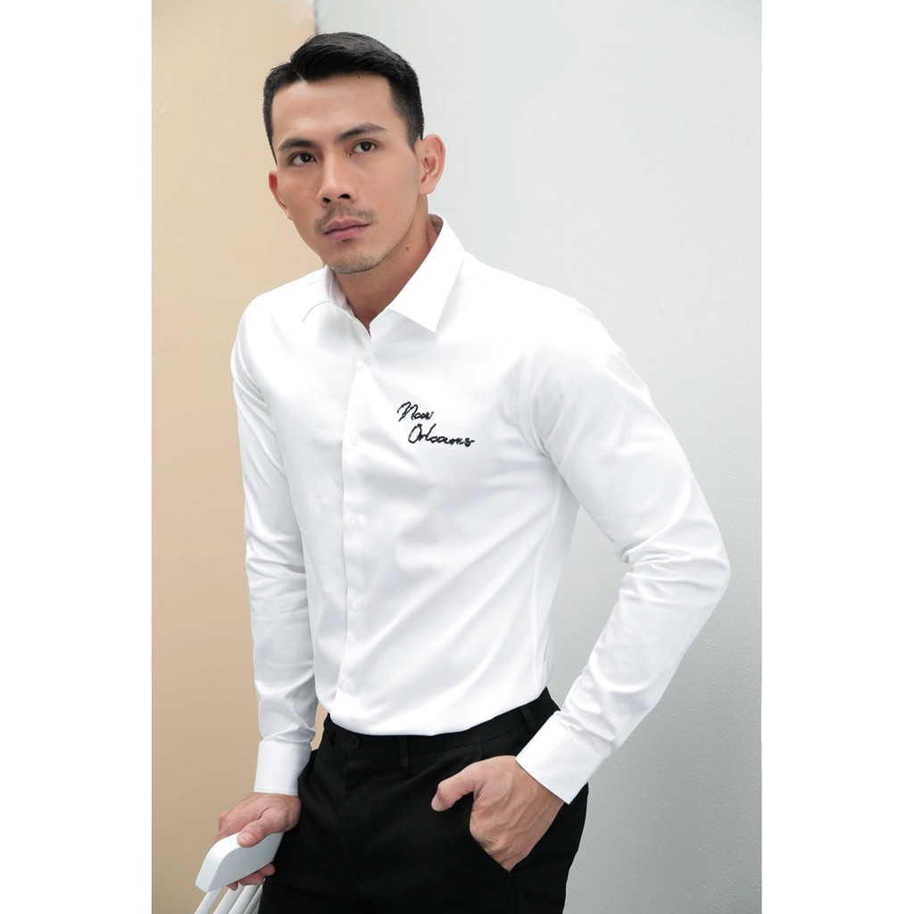 A/G Áo Sơ Mi Nam Màu Trắng Họa Tiết Phom Slimfit, Phong Cách Trẻ Trung Năng Động