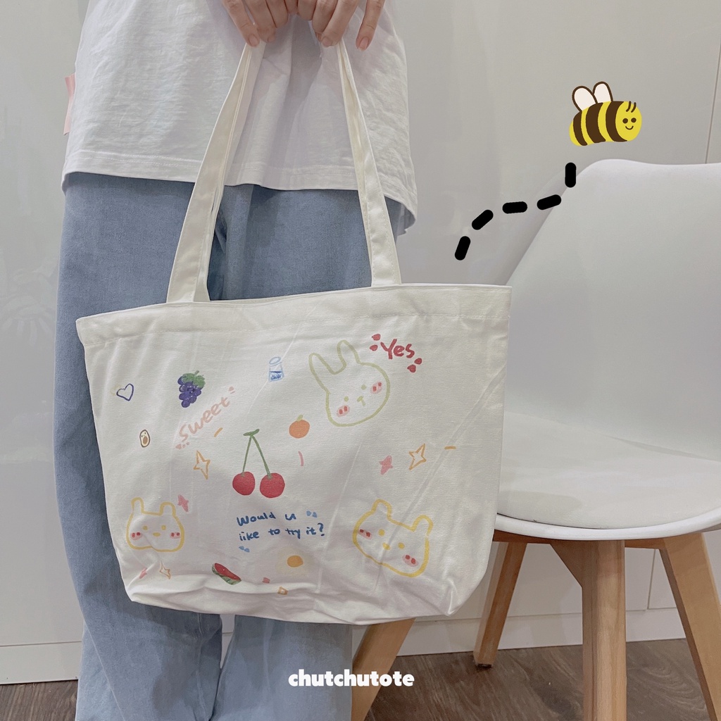 T330/Túi tote túi vải canvas phong cách Hàn quốc, có khóa miệng ngăn phụ bên trong thời trang ulzzang hình thỏ đáng yêu