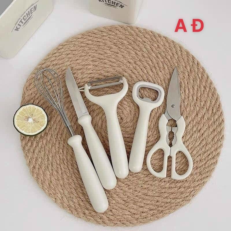 Sét 6 món nhà bếp, dao gọt hoa quả, nạo vỏ, kéo, que đánh bọt xịn sò