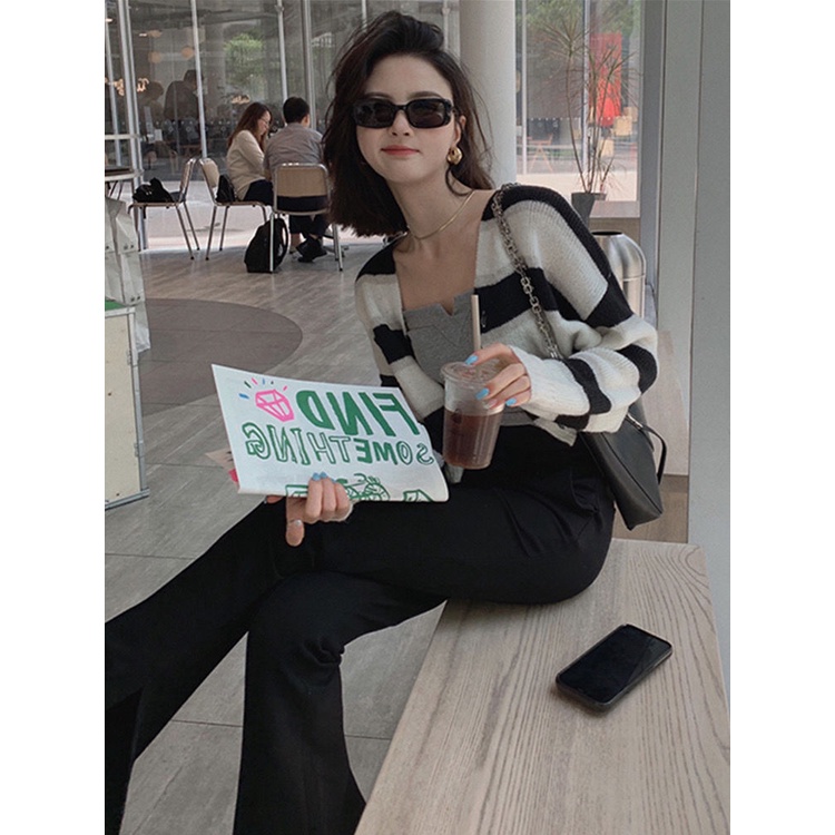 Áo cardigan Dệt Kim Kẻ Sọc Tay Dài Phong Cách Hàn Quốc Thời Trang Mùa Hè Cho Nữ