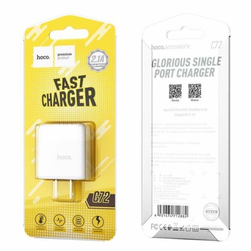 ✔CHÍNH HÃNG✔Cốc sạc nhanh 1 cổng USB C72 Hoco-Dòng điện ra 2.1A.Củ sạc nhanh cho IPhone/IPad/Xiaomi/Oppo/Huawei,Samsung