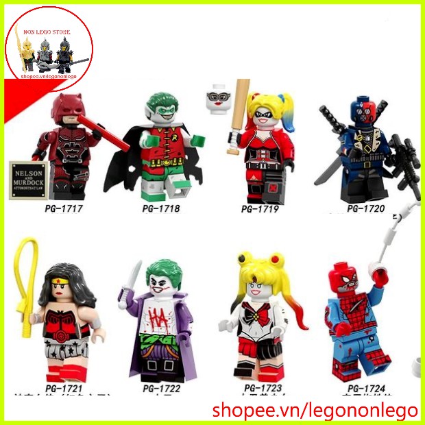 Minifigure siêu anh hùng và ác nhân lego Marvel DC Dare Devil Robin Harley Quinn Joker hãng POGO PG8196