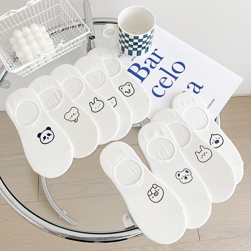 Một Đôi Tất Hài Nữ Cotton Gân Màu Trắng Hình Thú Ngộ Nghĩnh Đệm Gót Silicon Chống Tuột