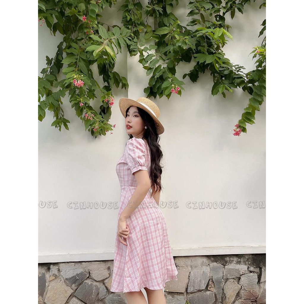 Đầm xòe Lina caro 0144 cổ vuông trẻ trung CIN HOUSE