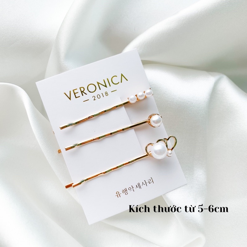 Set kẹp tóc Veronica đính đá hạt ngọc màu vàng đồng