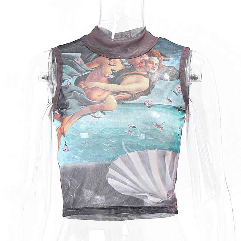 Áo Tank Top Cổ Tròn In Họa Tiết Nghệ Thuật Phong Cách Đường Phố Cho Nữ