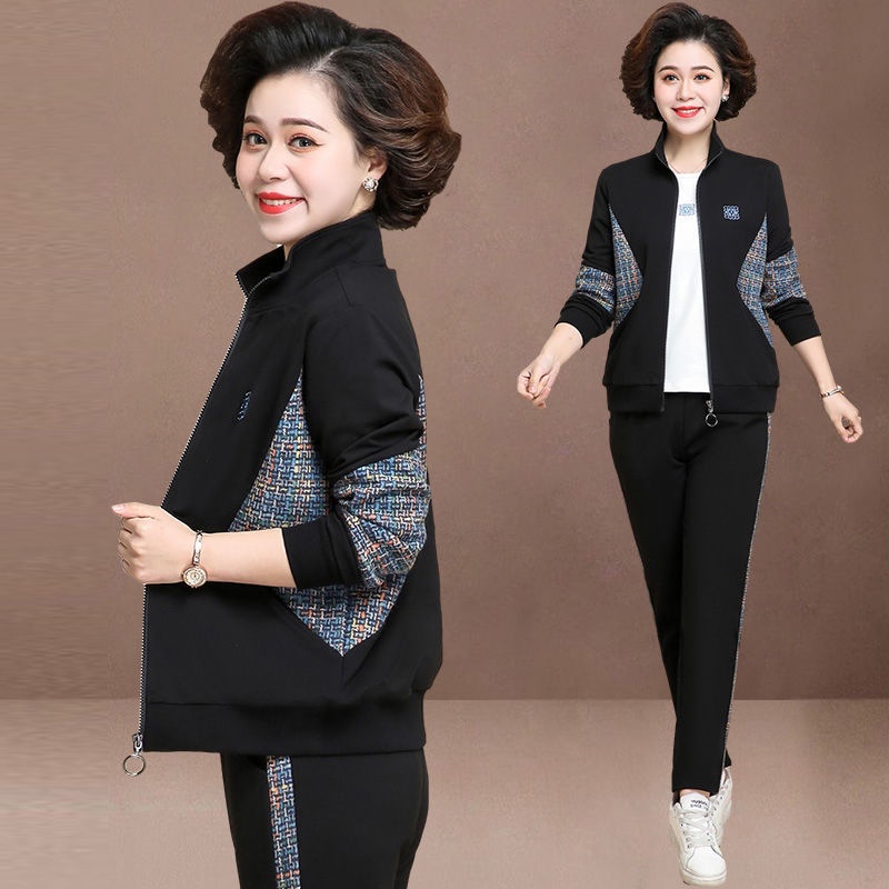 Bộ đồ hai món với áo khoác dáng rộng phong cách thể thao thời trang xuân thu dành cho phụ nữ tuổi trung niên