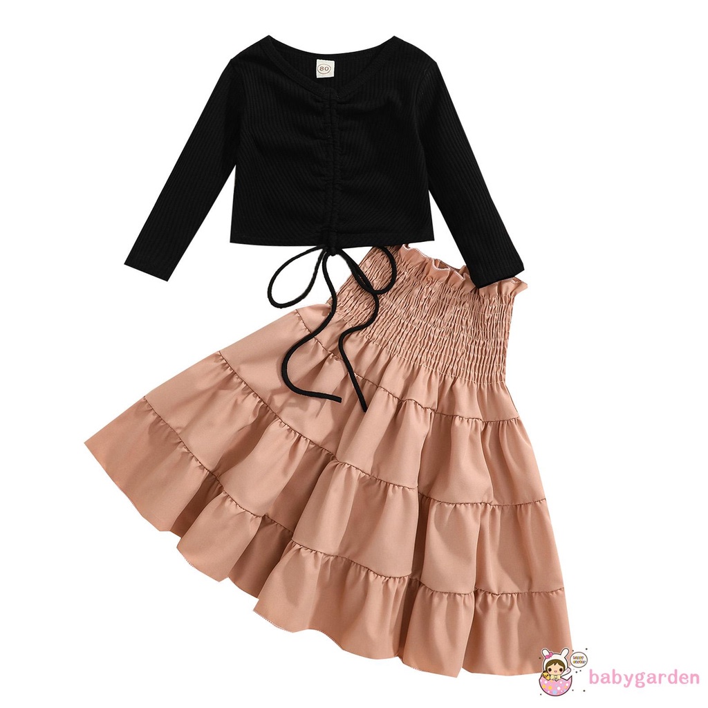Bộ Áo Thun Tay Dài Màu Trơn Phối Chân Váy Xếp Ly Thời Trang Cho Bé Gái