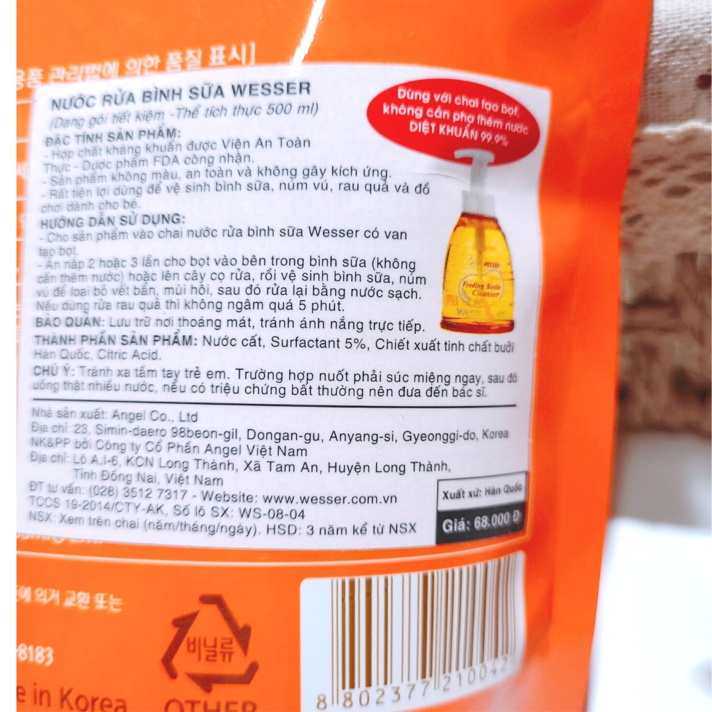 Nước rửa bình sữa Wesser giúp vệ sinh bình sữa dễ dàng an toàn cho bé sử dụng dung tích 500ml nhập khẩu Hàn Quốc