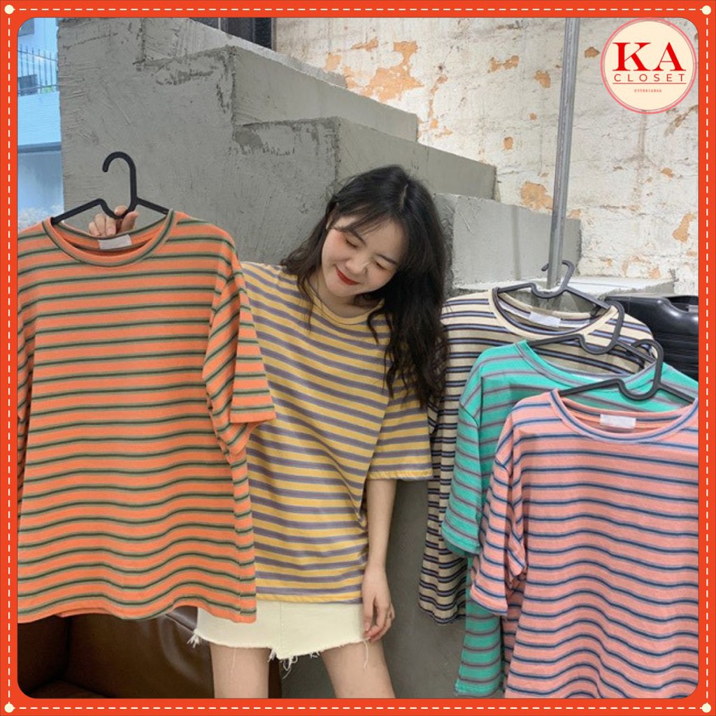 Áo thun kẻ 5d KA Closet chất thun mềm mát in 5d không nhòe,5 màu from thụng, tay lỡ hot trend 2021