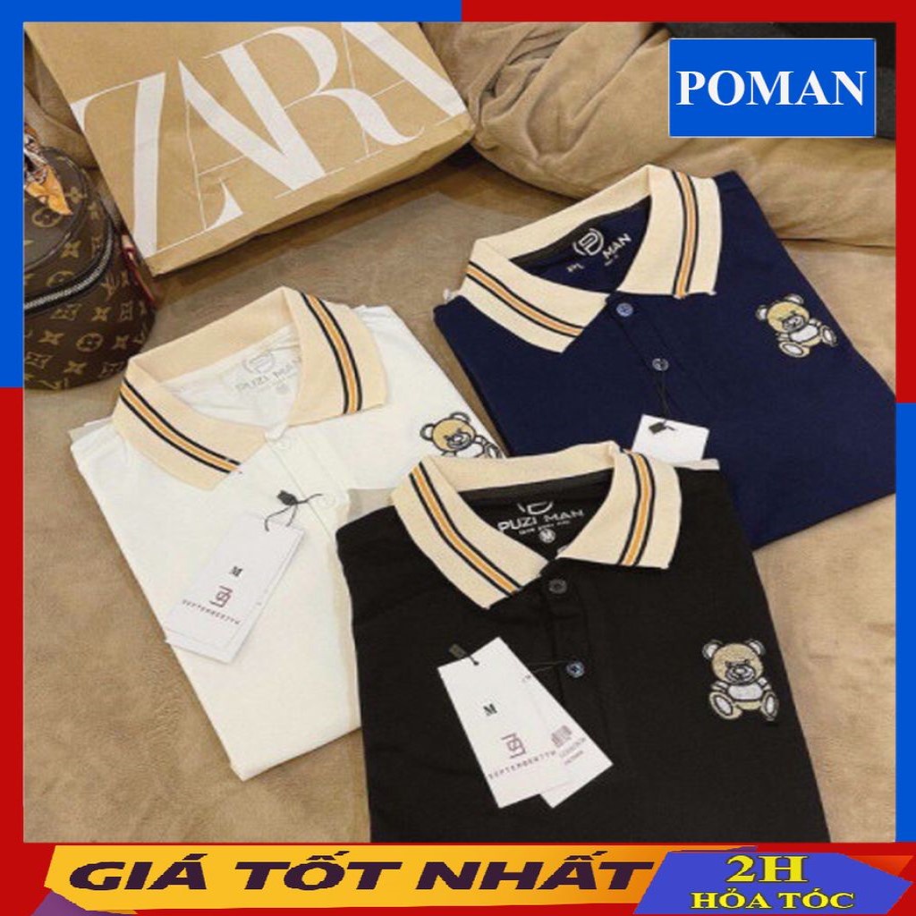 Áo polo nam in hình gấu, áo polo nam chất cotton co dãn thoáng mát GA01 - POMAN