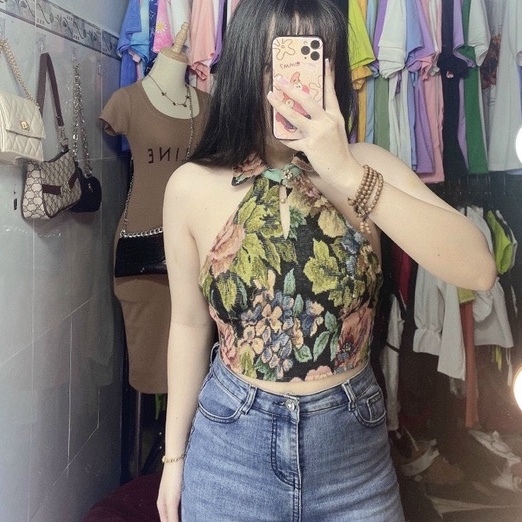 Yếm thổ cẩm sát nách cổ bẻ hở lưng đan dây cực hot hit , chất thổ cẩm dày dặn mềm