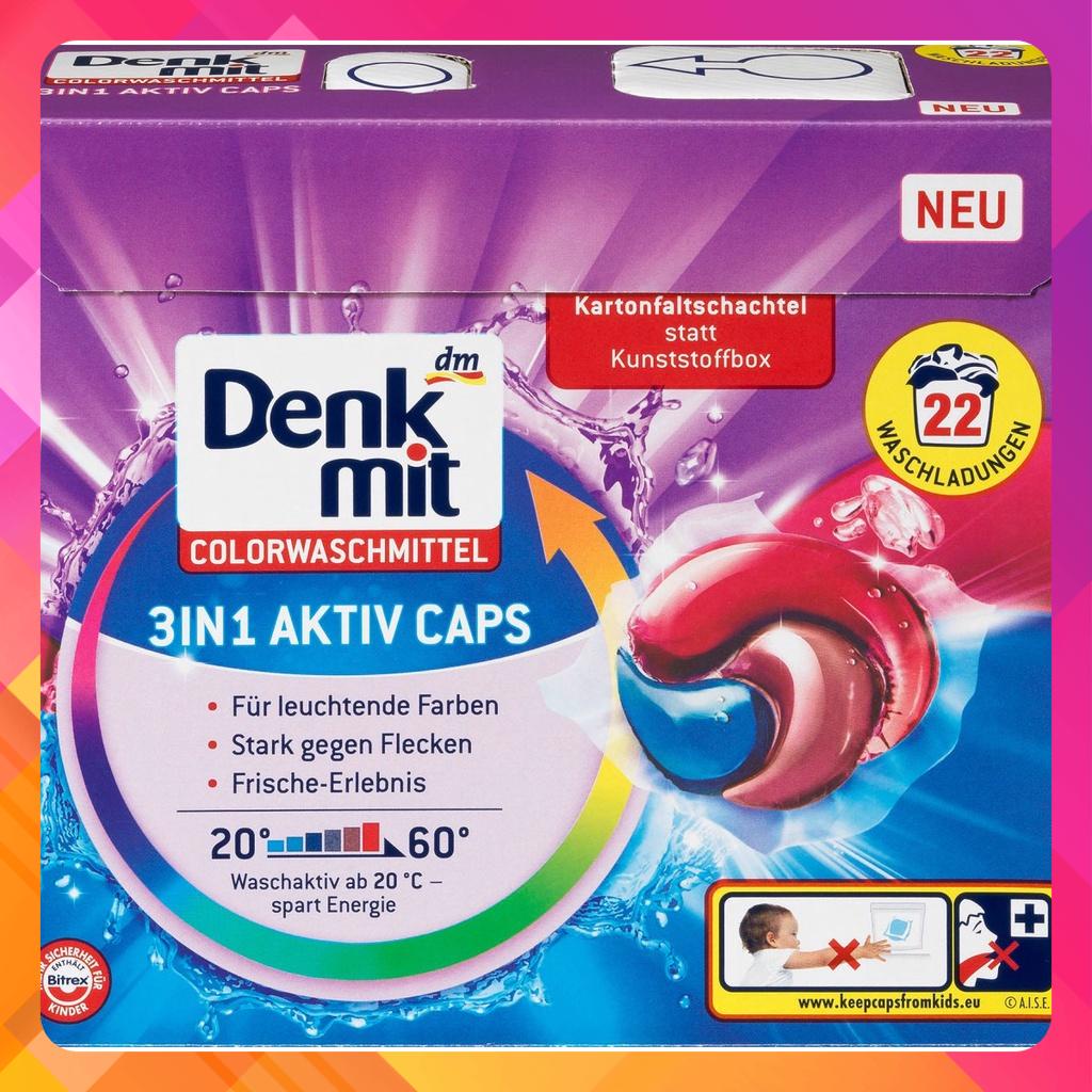 (1 hộp 22 viên) giặt quần siêu sạch DENKMIT  3in1 giặt, xả, giệt khuẩn Colorwaschmittel Aktiv Caps hàng Đức chính hãng