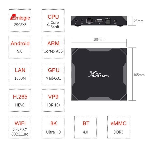 X96 MAX Plus, Android TV 9.0, CPU S905X3, DDR4 4GB, eMMC 32GB, Dual Band WiFi MU-MIMO, LAN Gigabit 1000, Bluetooth 4.1