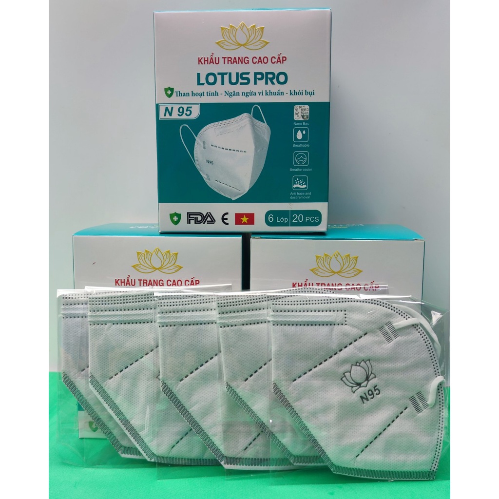 Khẩu trang y tế N95 Lotuspro than hoạt tính phủ nano 6 lớp, hộp 20 chiếc, kháng khuẩn - soleil care
