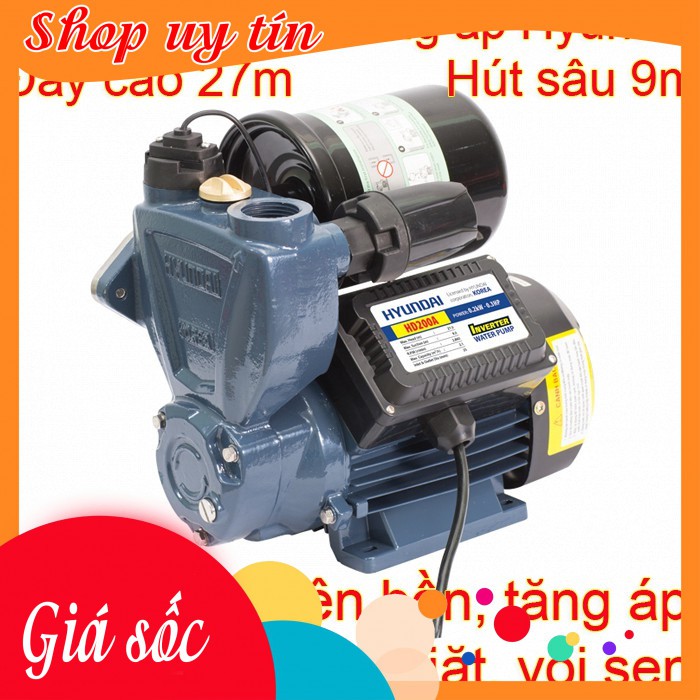 Máy bơm áp suất mini đẩy cao và tăng áp tự động Hyundai HD200A cảm biến thông minh, trợ lực nước yếu, BH chính hãng