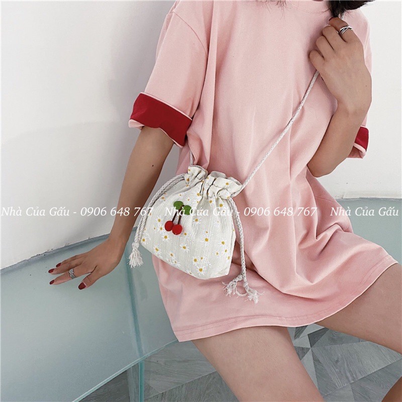 Túi cói hoa cúc nhí cherry đeo chéo nữ xinh hông nè