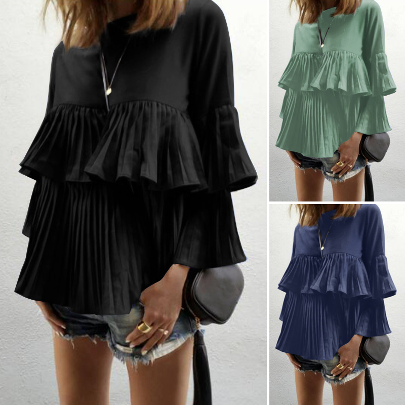 Áo ZANZEA Cổ Tròn Tay Áo Loe Xếp Ly Thời Trang Nữ