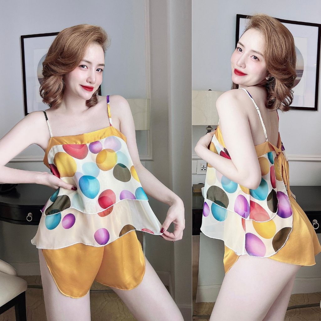 Đồ ngủ nữ MIKY, Đồ ngủ sexy lụa Chiffon phối Satin cao cấp mềm mại xinh xắn <65KG