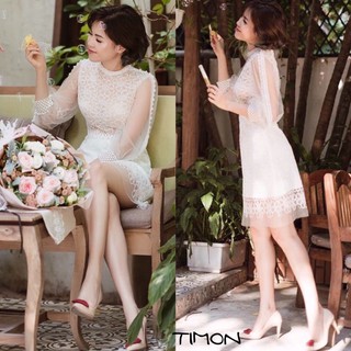 Đầm dáng xòe trắng thiết kế sang chảnh, đầm dự tiệc phối ren thêu vô cùng kiêu sa