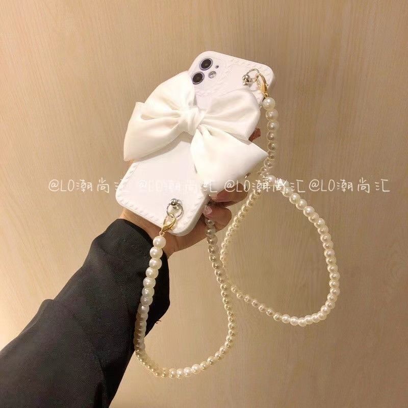 Ốp Điện Thoại Đính Nơ Phối Dây Ngọc Trai Cho iPhone13/12 XS/8 Huawei Nova9/P50/mate40