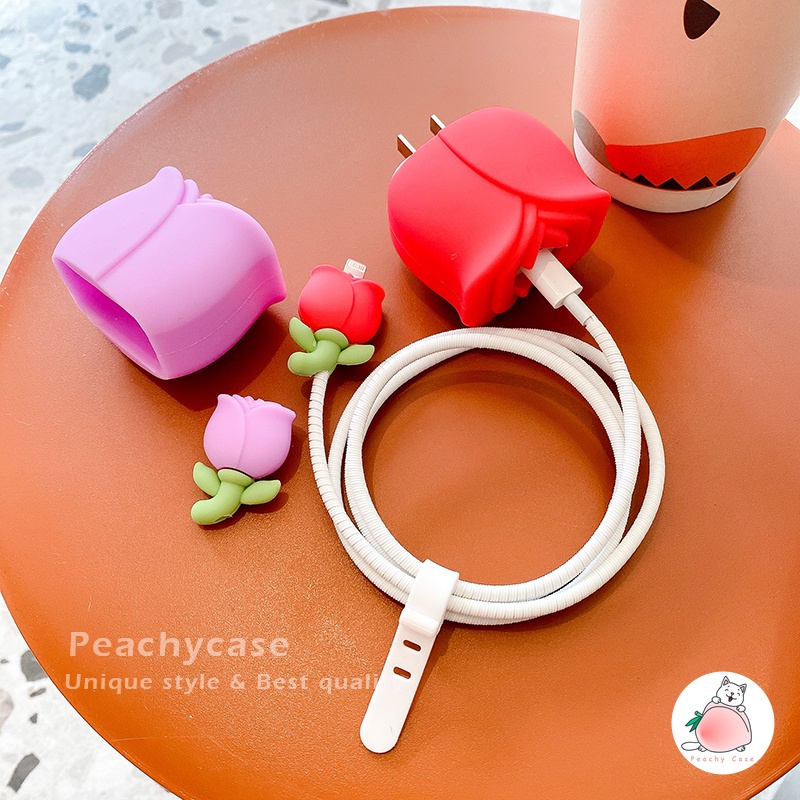 Vỏ Bọc Bảo Vệ Đầu Cáp Sạc USB Hình Hoa Tulip Đỏ Cho iPhone 18W 20W Sự Bảo Vệ