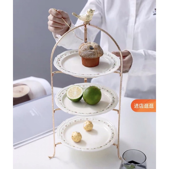 Khay để bánh ngọt 2-3 tầng sứ xương khung kim loại cao cấp - Bắc Âu