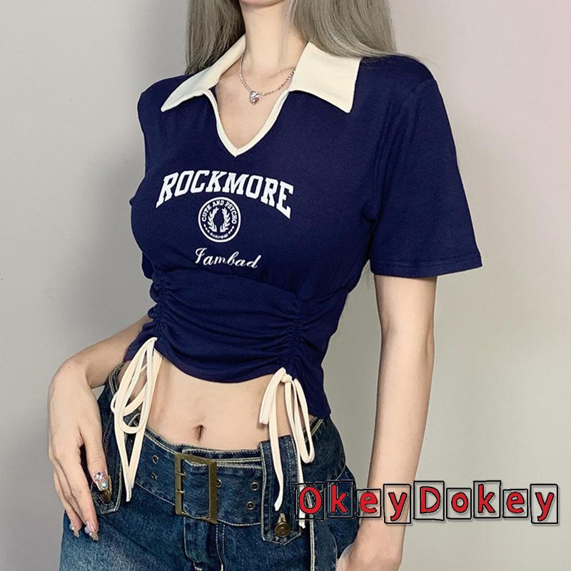 Áo Thun Crop Top Cổ Chữ V In Chữ Phối Dây Rút Thời Trang Cho Nữ