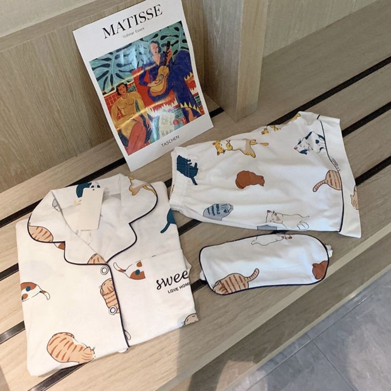 Bộ Đồ Ngủ Cotton Tay Ngắn In Hình Mèo Dễ Thương Thời Trang Mùa Hè Cho Nữ