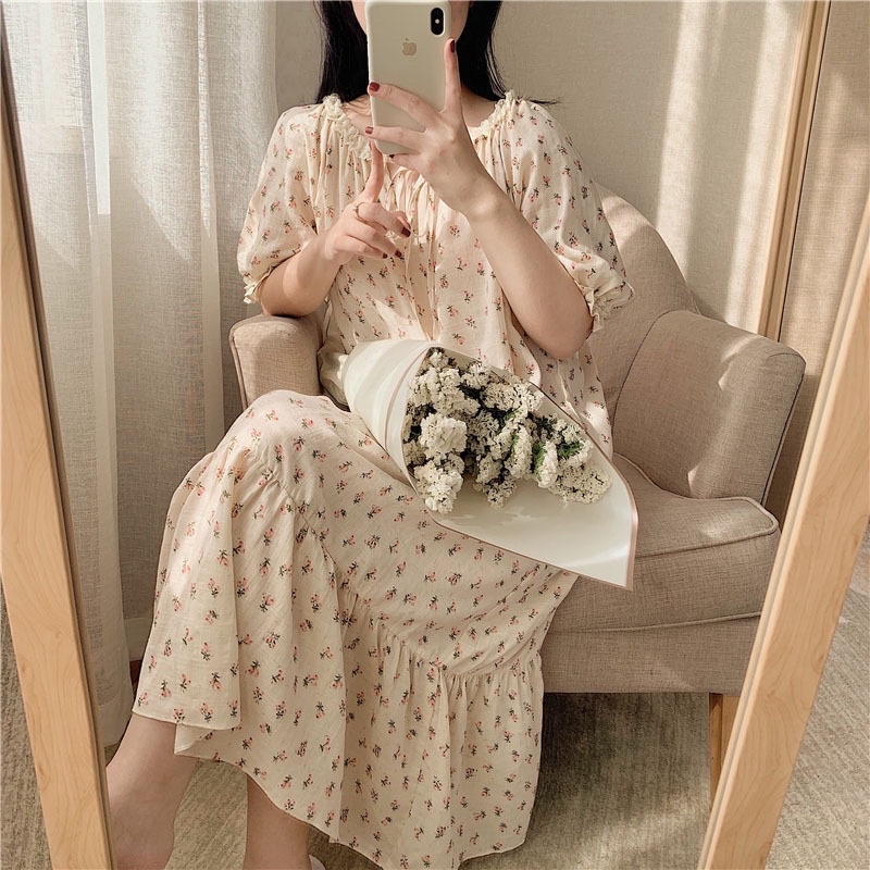 Váy nữ tay ngắn chất đũi mịn hoạ tiết hoa nhí dễ thuơng Quảng Châu cao cấp | BigBuy360 - bigbuy360.vn