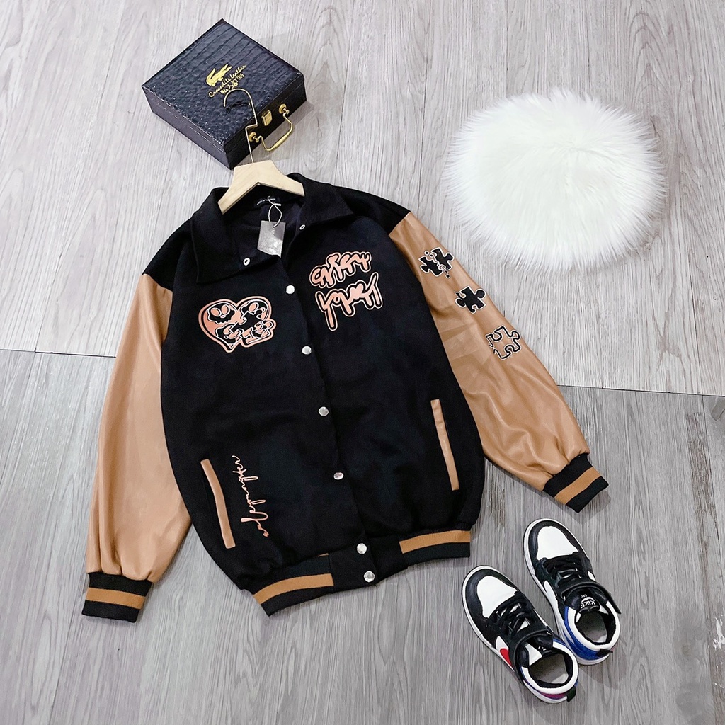 Áo khoác bomber jacket nam nữ Đen tay Nâu  2 lớp, chất nỉ bông siêu đẹp, Phong cách Hàn Quốc | BigBuy360 - bigbuy360.vn