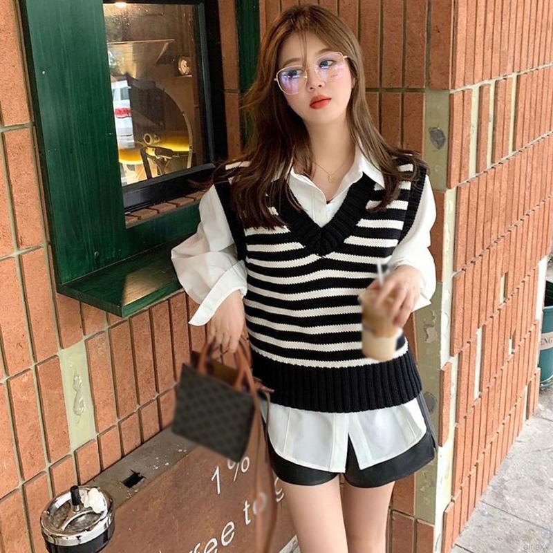 Áo dệt kim sát nách dáng rộng cổ chữ v kiểu Hàn Quốc dễ thương cho nữ