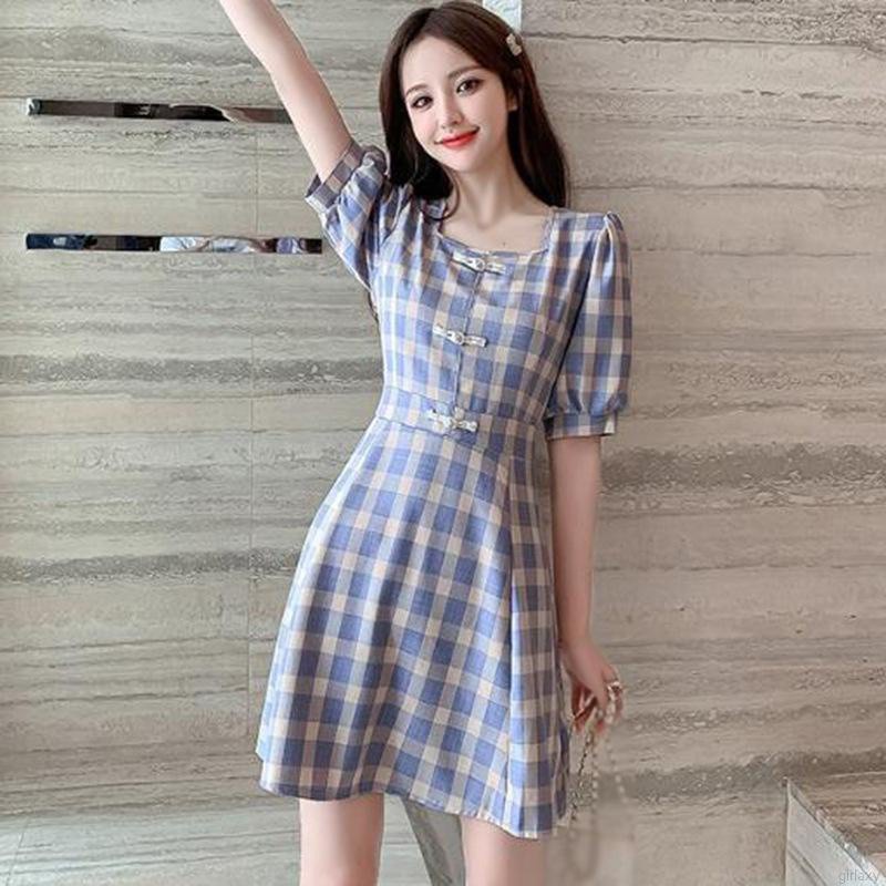 Đầm Chữ A Tay Ngắn Phồng Cổ Vuông Họa Tiết Sọc Caro Phong Cách Retro Pháp Cho Nữ