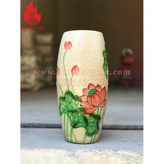 Lọ hoa dáng vò S2 gốm sứ Bát Tràng cao cấp vẽ SEN ( Lọ hoa men rạn cổ )