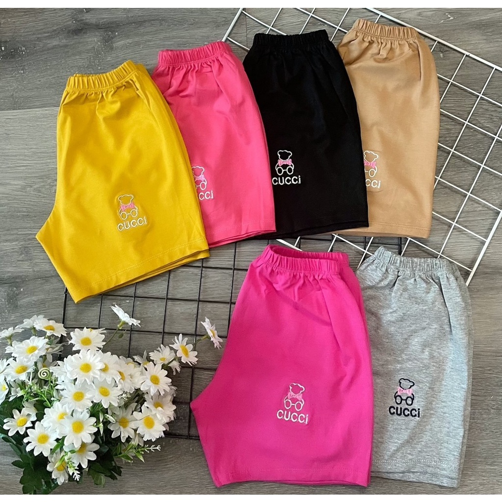 Quần đùi bé gái 1-7 tuổi vải cotton thêu Gấu và chữ, Quần cộc cho bé co giãn thấm hút mồ hôi