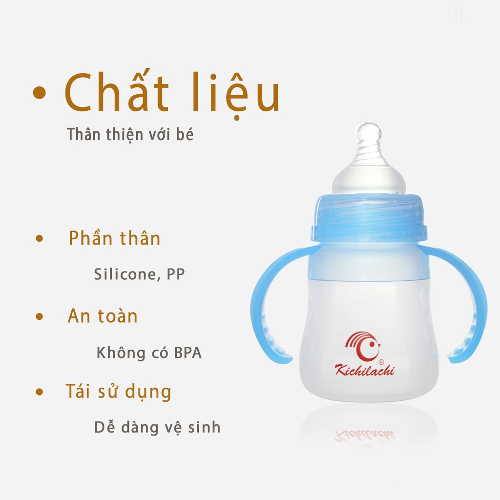 Bình sữa tráng bạc silicone cổ rộng Kichilachi có van chống sặc kèm núm ti siêu mềm 150ml GTT store