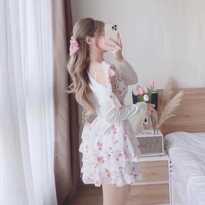 Váy 2 dây nữ - Đầm dự tiệc dáng hoa nhí 2 tầng mix áo cadigan có mút ngực ,chất lụa cao cấp tại sam_sam_shop_1011