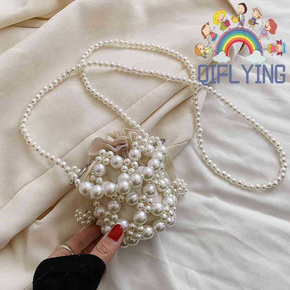 Túi Đeo Vai Rút Dây Mini Đính Hạt Ngọc Trai Dành Cho Nữ