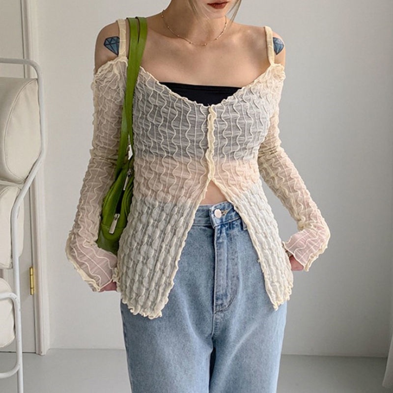 Áo Khoác Lưới Xuyên Thấu Trễ Vai Chống Nắng Dáng Ôm Thời Trang Hàn Quốc Cho Nữ